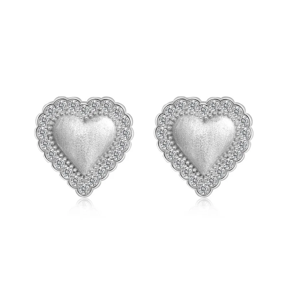 925 silver heart-shaped stud earrings 11.3x11.5mm white finish on ear