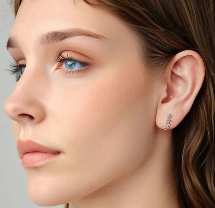Silver coloured feather stud earrings with genuine turquoise inlay, Chinese style, SCE1896 colour