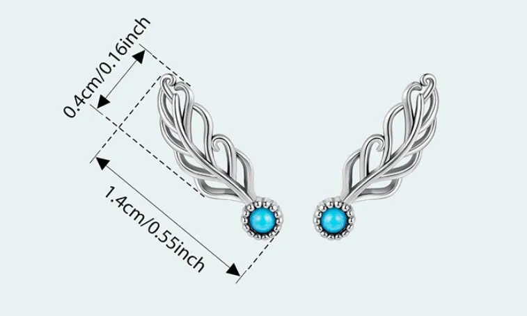 Silver coloured feather stud earrings with genuine turquoise inlay, Chinese style, SCE1896 colour