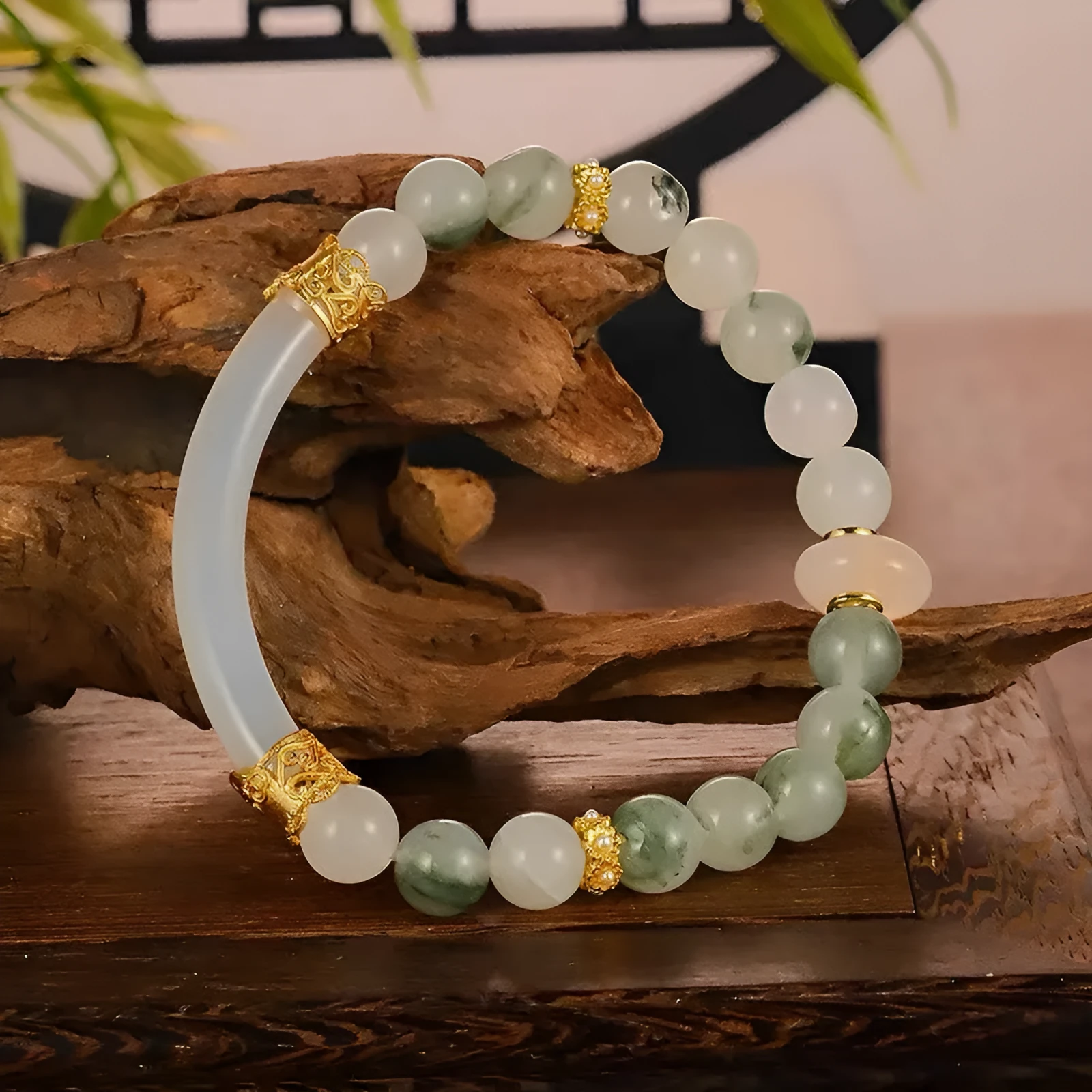 Emerald green Tian Shan Cui jade bracelet with floating flower girl half design and round elements