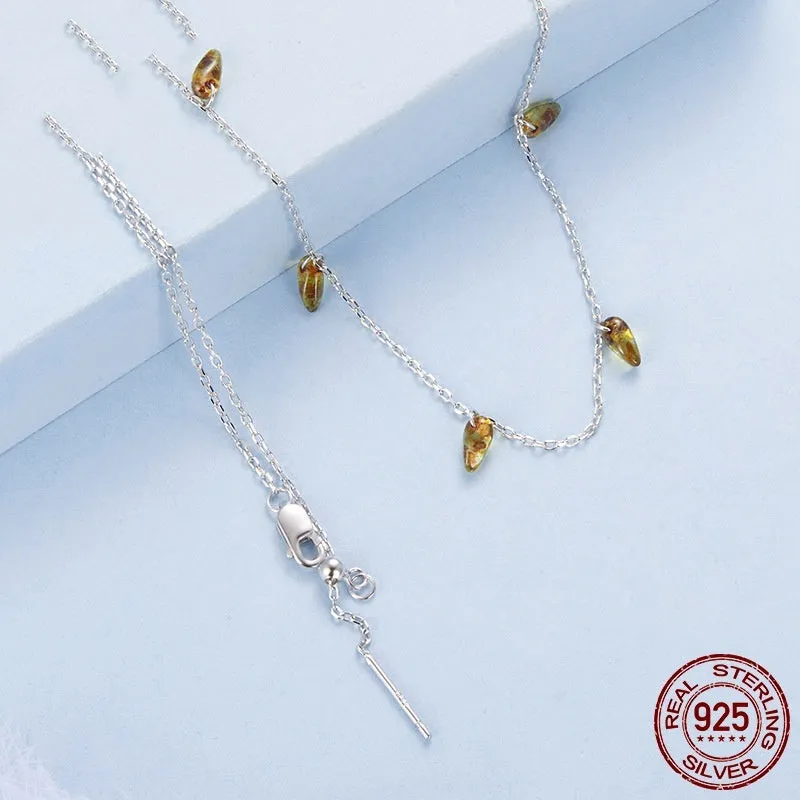 S925 sterling silver amber tassel clavicle chain necklace with O-shaped links in retro Korean style, colour BSN432.