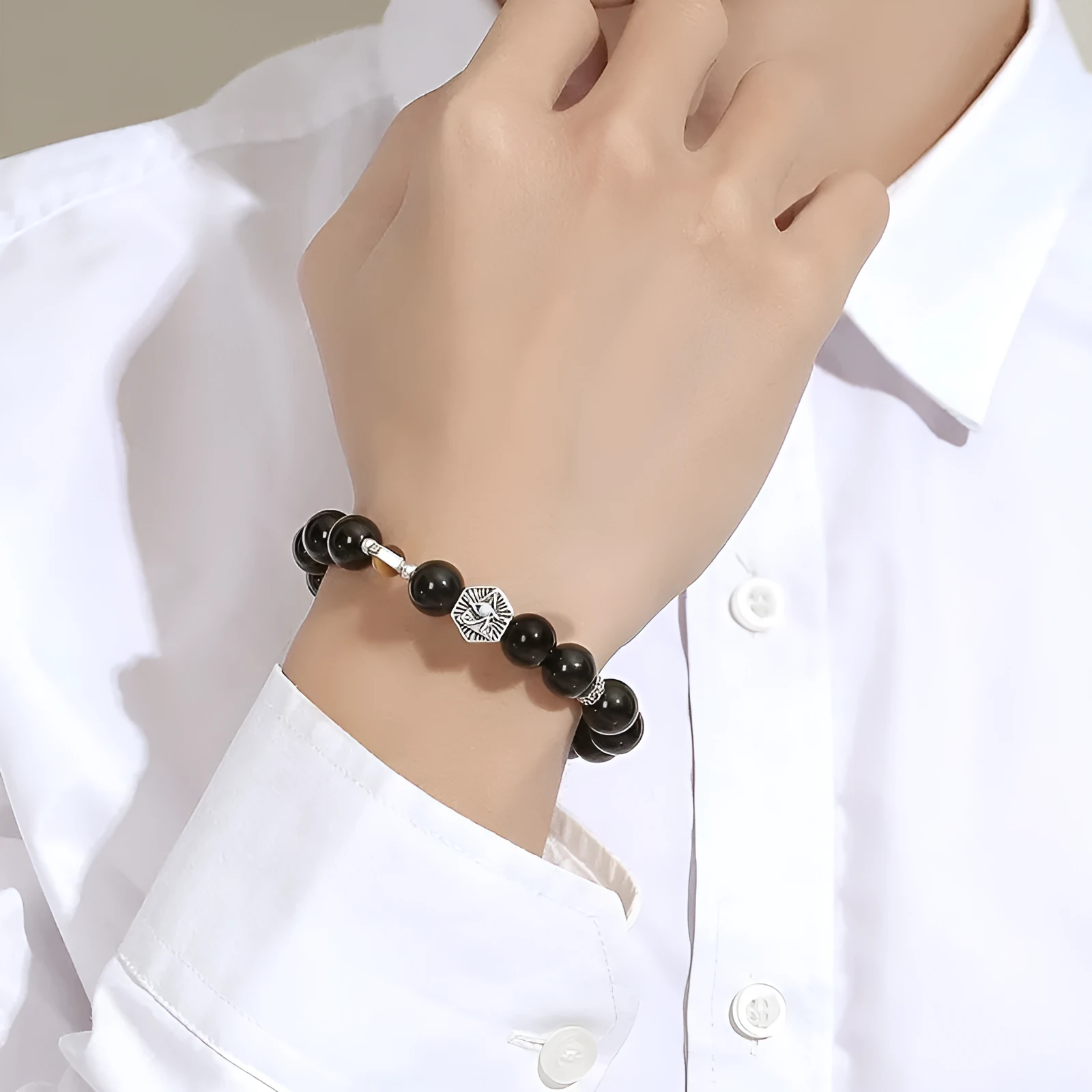 Men's retro sterling silver bracelet with God's Eye obsidian stone in geometric 8mm setting