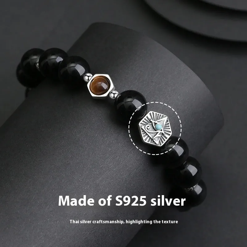 Men's retro sterling silver bracelet with God's Eye obsidian stone in geometric 8mm setting