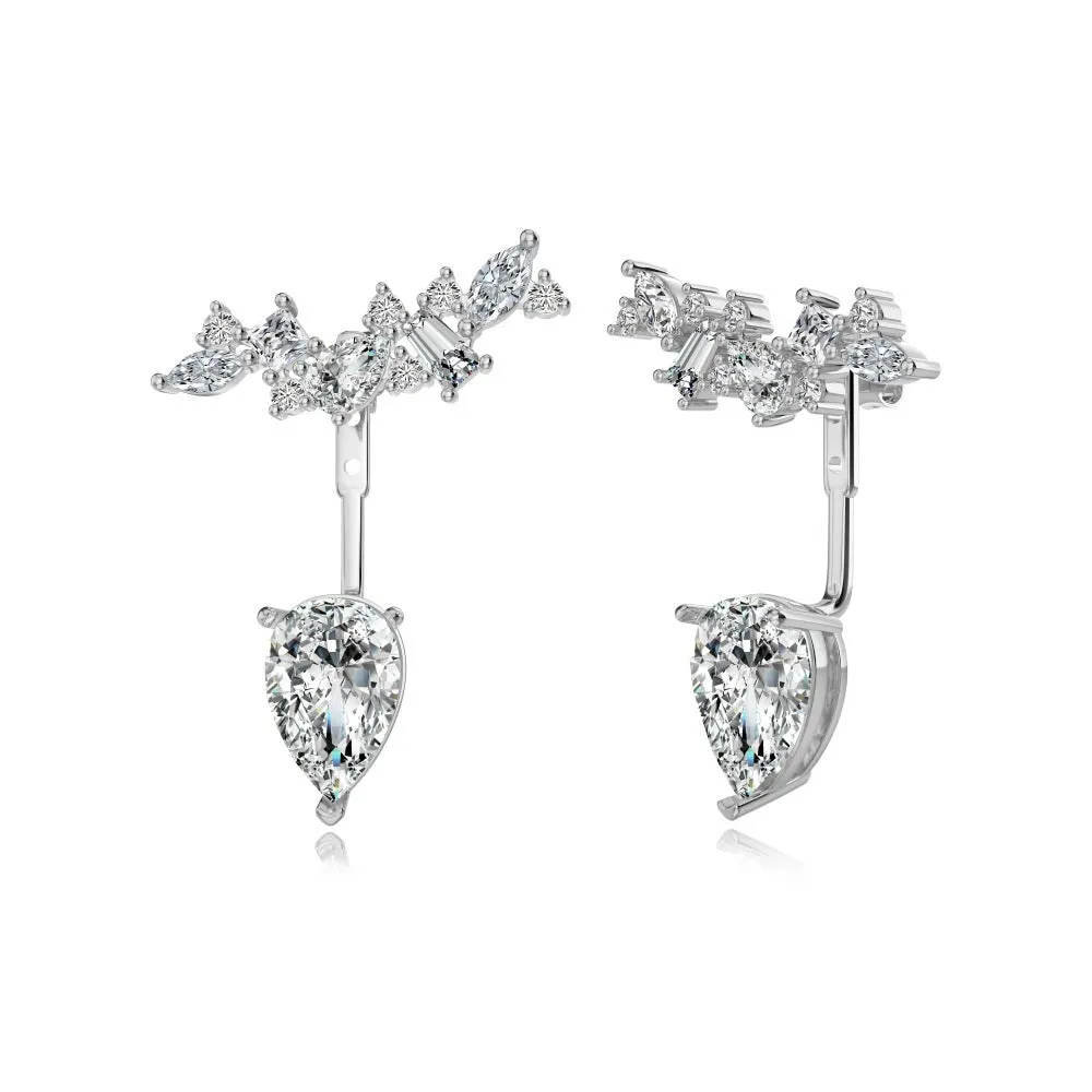 925 sterling silver pear-shaped ice flower cut dual-wear drop earrings in platinum white diamond colour