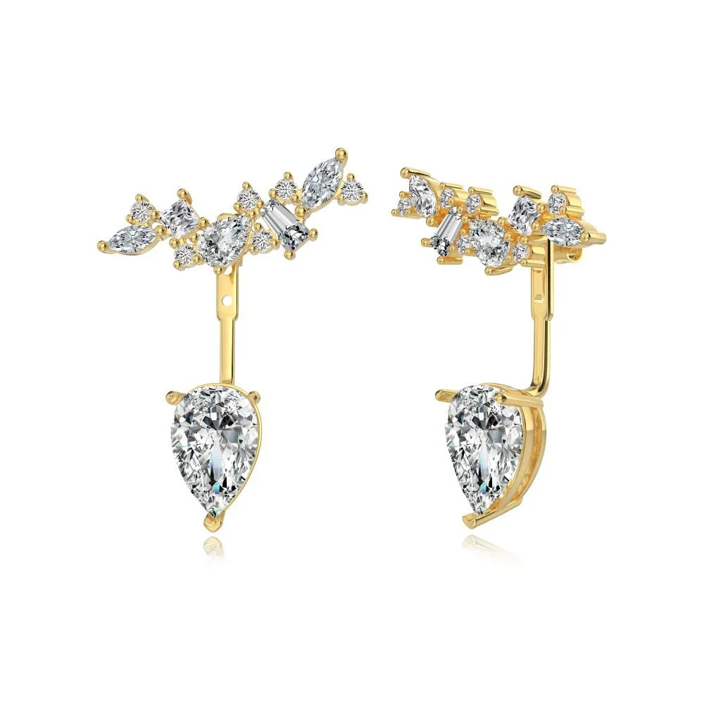 925 sterling silver pear-shaped ice flower cut dual-wear drop earrings in platinum white diamond colour