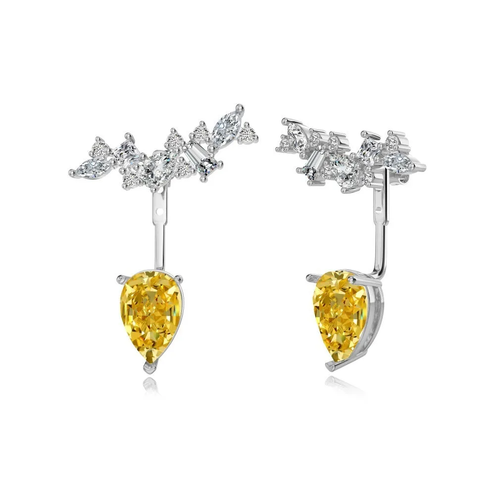 925 sterling silver pear-shaped ice flower cut dual-wear drop earrings in platinum white diamond colour