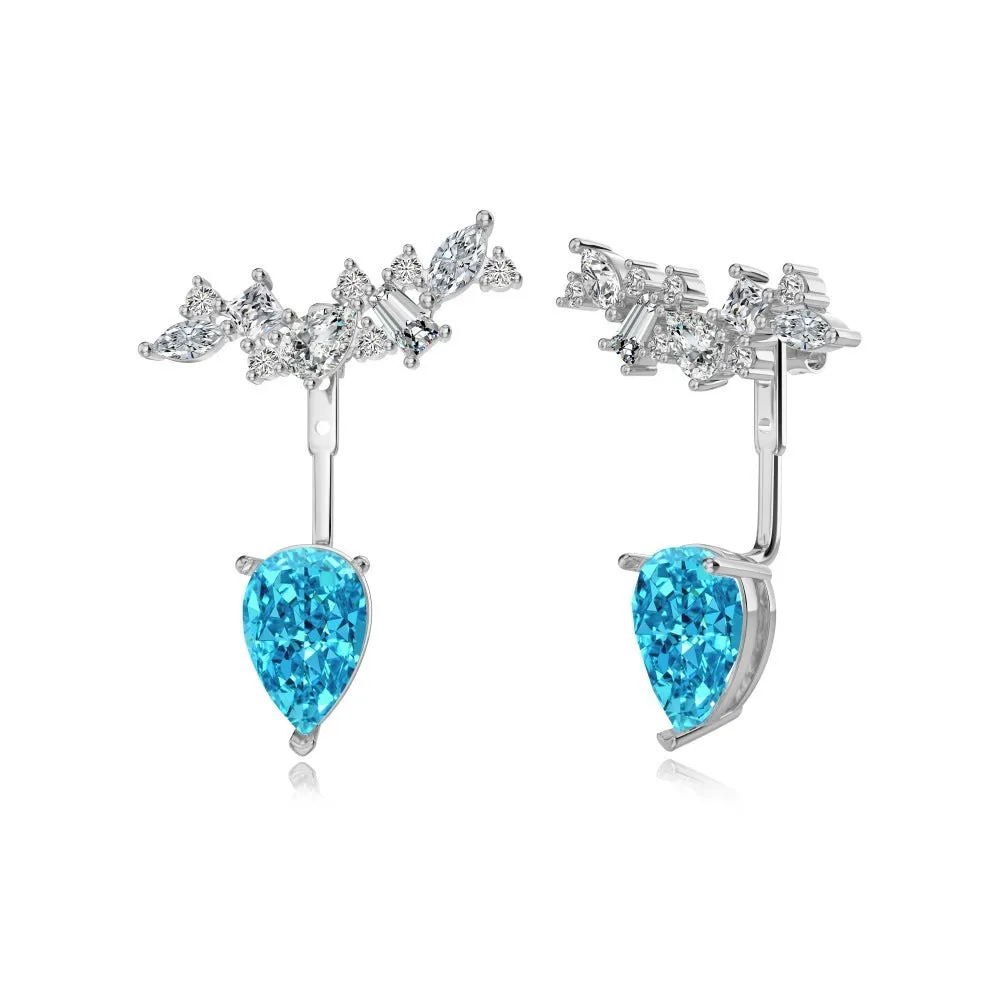 925 sterling silver pear-shaped ice flower cut dual-wear drop earrings in platinum white diamond colour