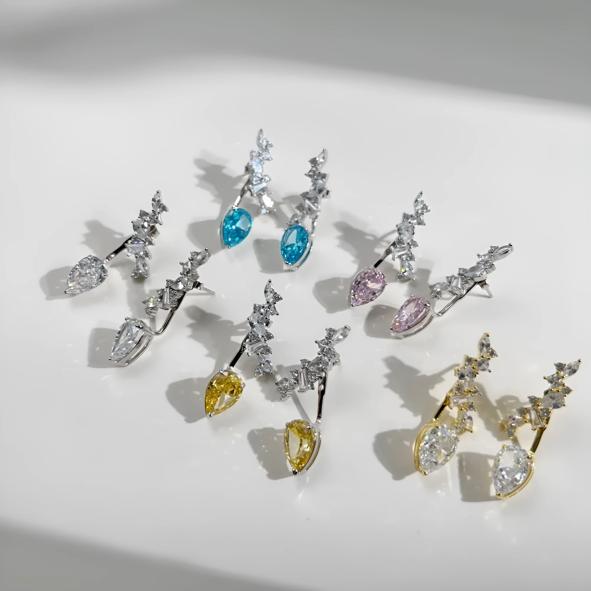 925 sterling silver pear-shaped ice flower cut dual-wear drop earrings in platinum white diamond colour