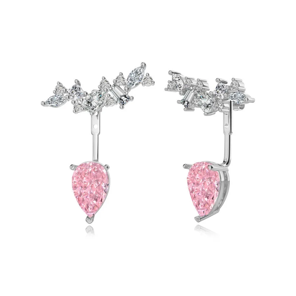 925 sterling silver pear-shaped ice flower cut dual-wear drop earrings in platinum white diamond colour
