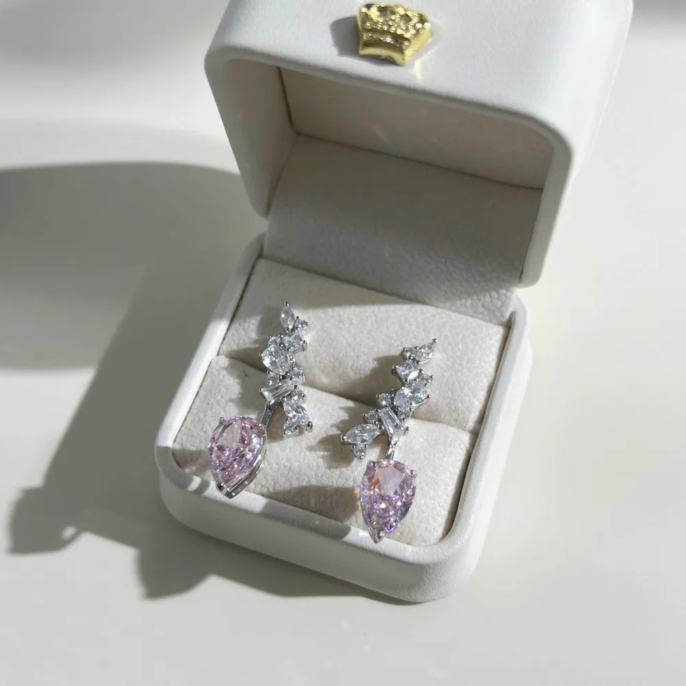 925 sterling silver pear-shaped ice flower cut dual-wear drop earrings in platinum white diamond colour