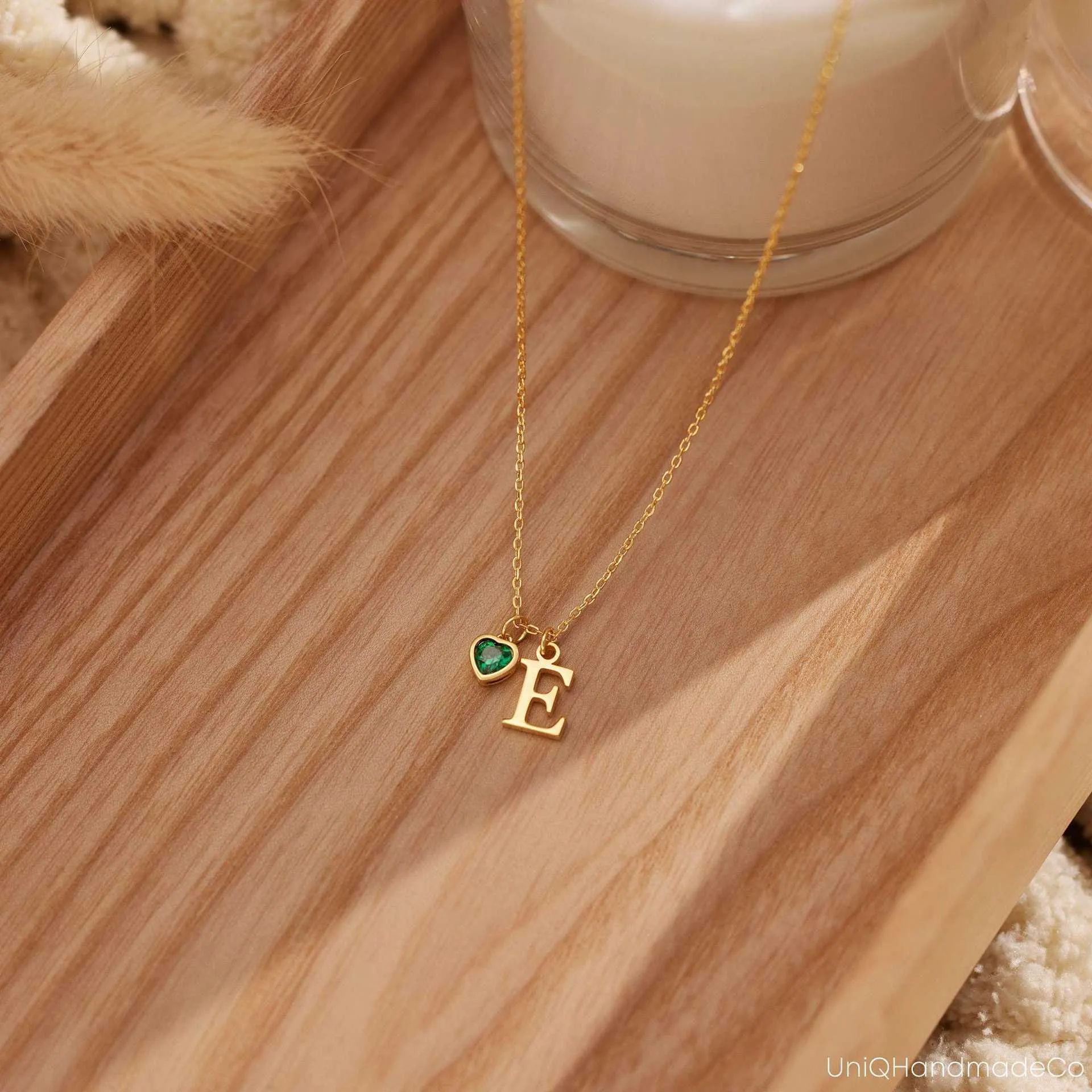 Personalised stainless steel initial letter pendant necklace with Love Birthday Stone colour on cross chain