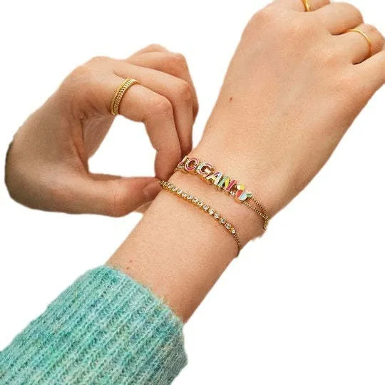 Copper bracelet with oil dripping letter pendant electroplated finish unisex minimalist jewellery