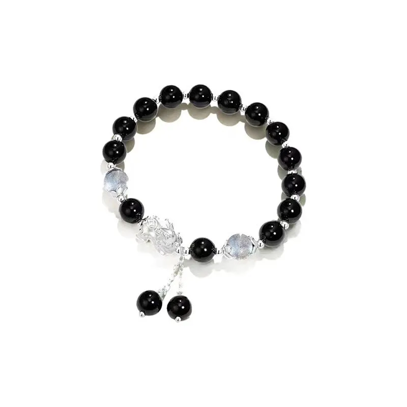 Handmade natural black agate couple bracelet with 10mm wave-shaped beads and gray moonlight stones