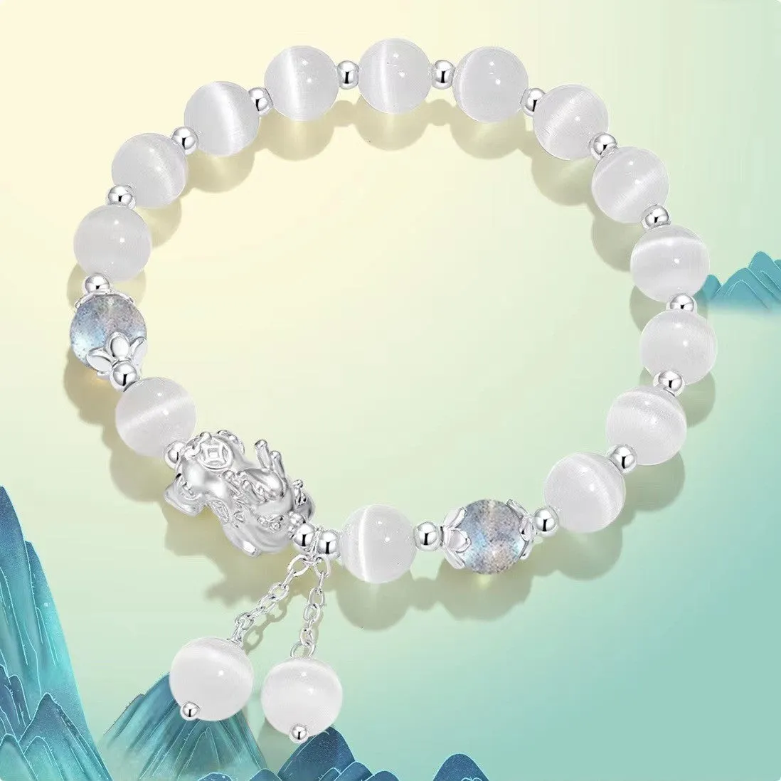 Handmade natural black agate couple bracelet with 10mm wave-shaped beads and gray moonlight stones