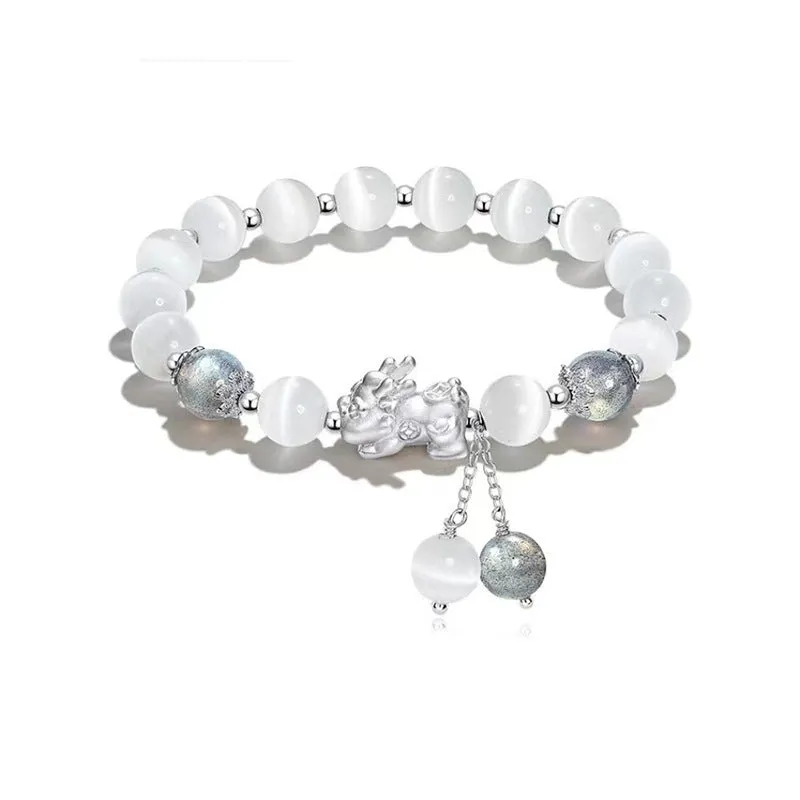 Handmade natural black agate couple bracelet with 10mm wave-shaped beads and gray moonlight stones