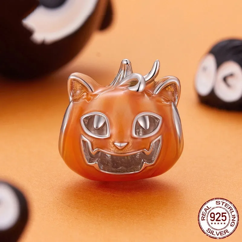 Halloween luminous oil dripping pumpkin cat bead in 925 sterling silver, height 1.2 cm width 1.1 cm