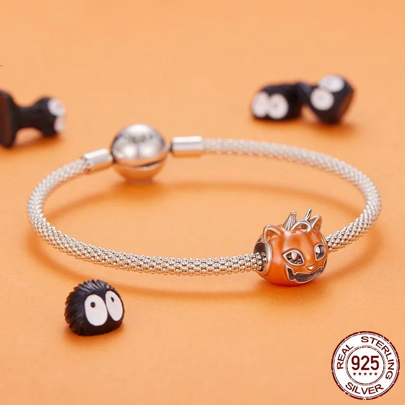 Halloween luminous oil dripping pumpkin cat bead in 925 sterling silver, height 1.2 cm width 1.1 cm