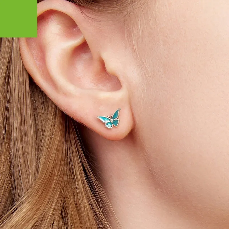 925 sterling silver blue butterfly small ear studs for women with dripping oil colour finish on white background