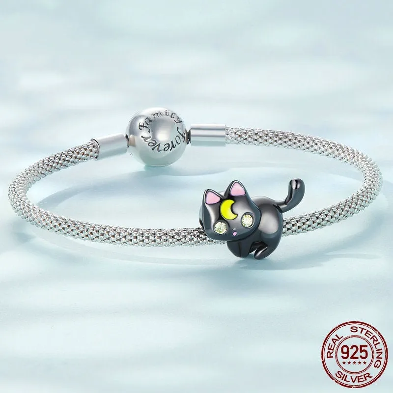 925 silver moon cat charm bead with black gold plating, height 1.6 cm, hole 0.45 cm