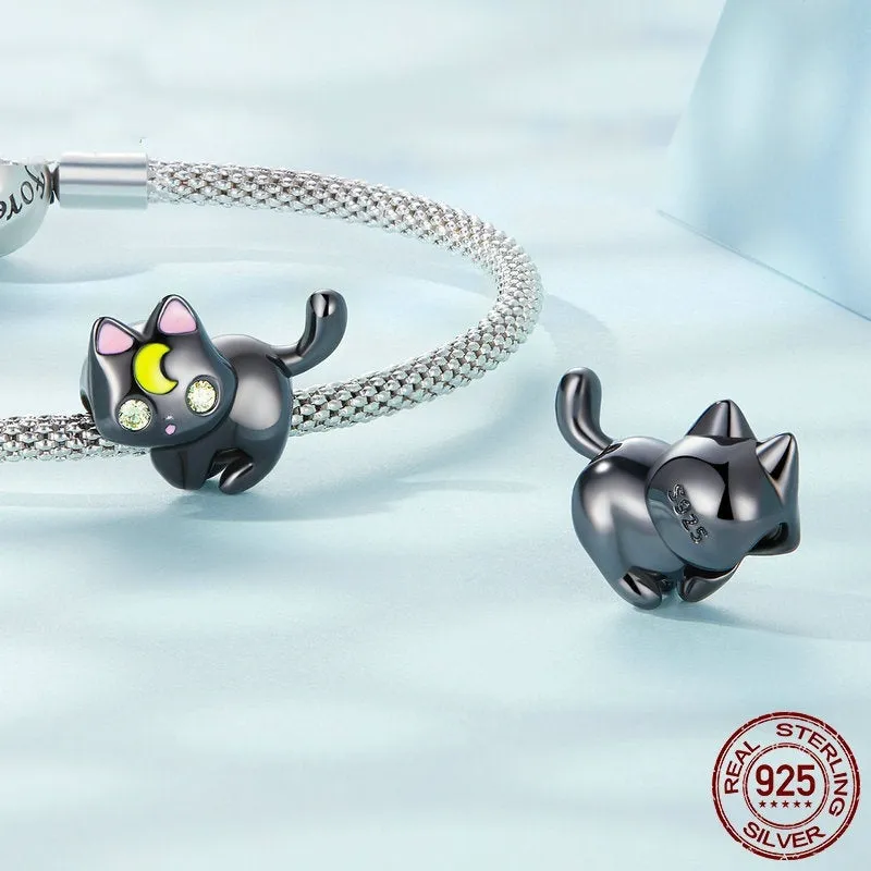 925 silver moon cat charm bead with black gold plating, height 1.6 cm, hole 0.45 cm
