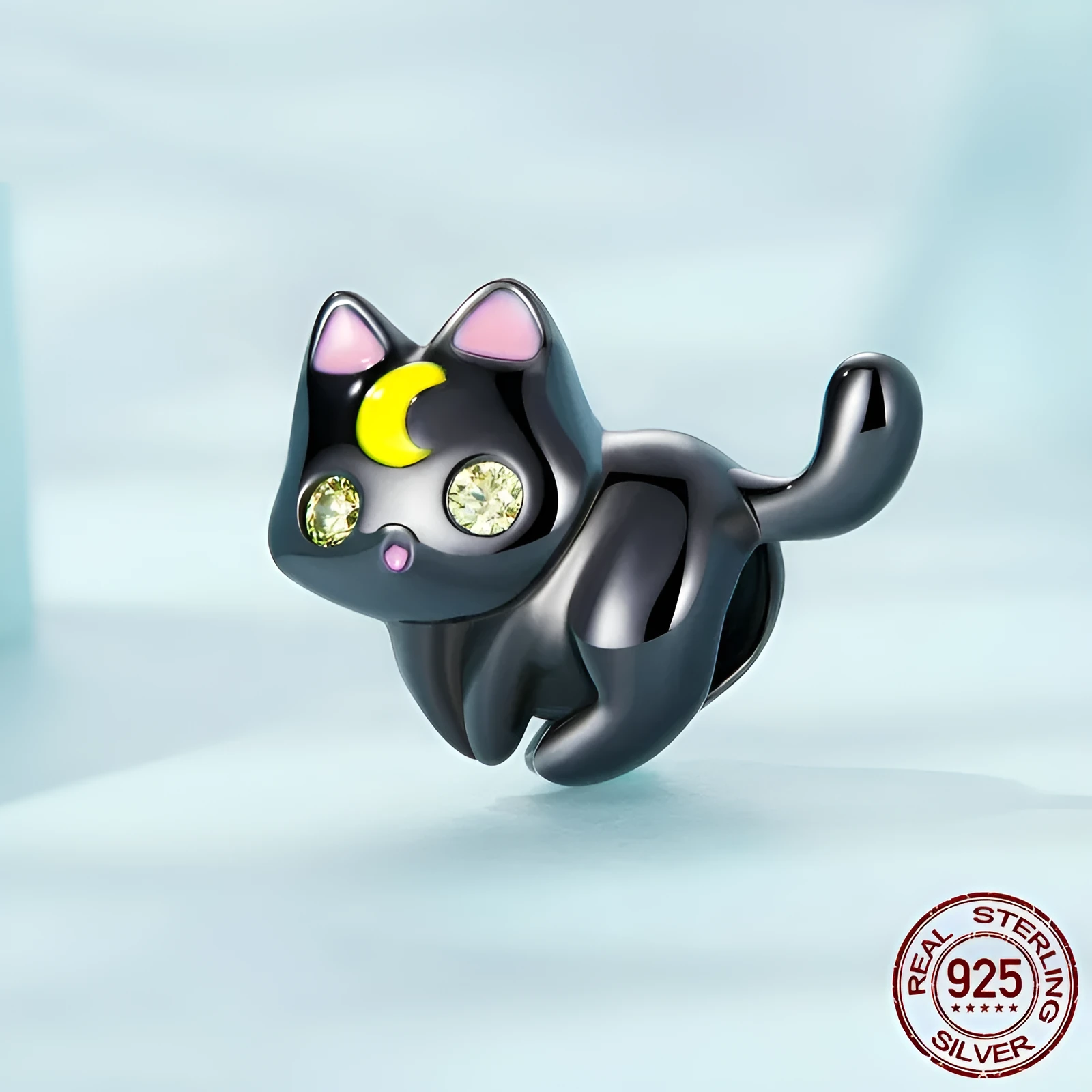 925 silver moon cat charm bead with black gold plating, height 1.6 cm, hole 0.45 cm