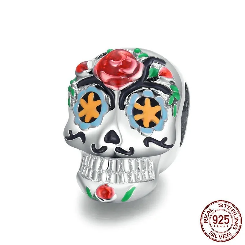 925 sterling silver Halloween skull bead with pumpkin skull motif, platinum plated, 1.8g, 1.3x0.8cm