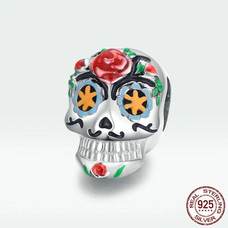 925 sterling silver Halloween skull bead with pumpkin skull motif, platinum plated, 1.8g, 1.3x0.8cm