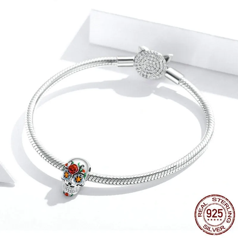 925 sterling silver Halloween skull bead with pumpkin skull motif, platinum plated, 1.8g, 1.3x0.8cm