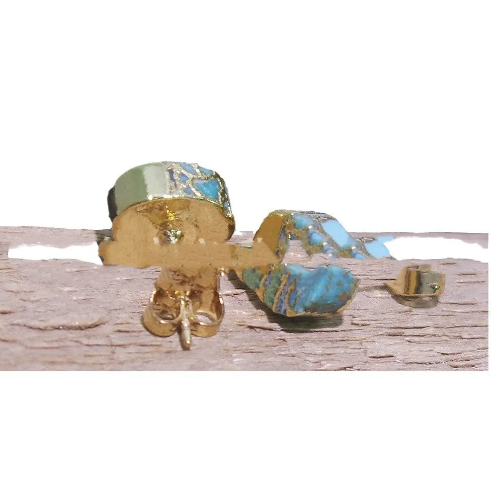 Close-up of handcrafted bohemian stud earrings with an irregular natural stone in colour ER1031 on a simple metal setting.