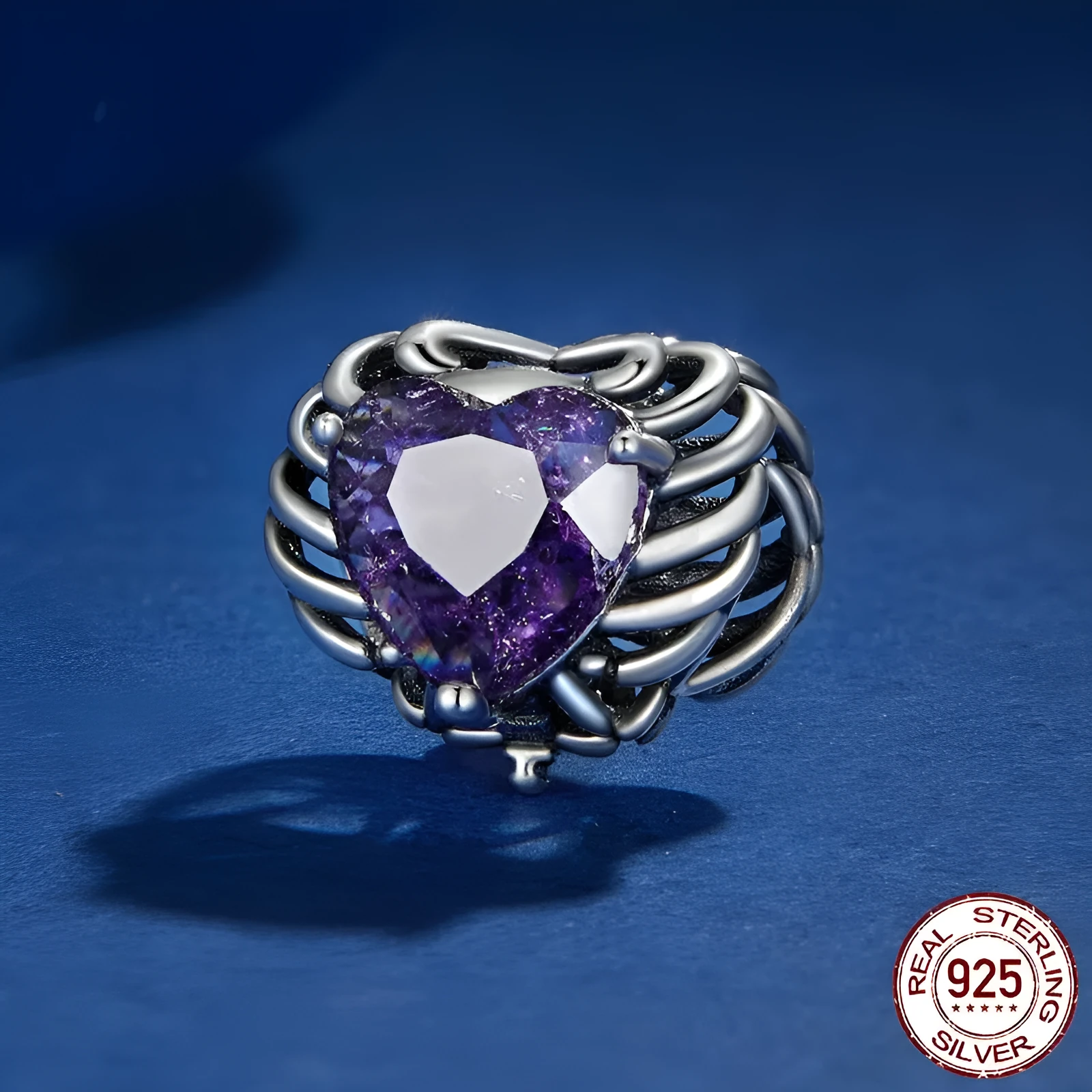 Purple skull heart 925 silver bead with inlay, 12x13mm, on a white background showing 4.5mm aperture