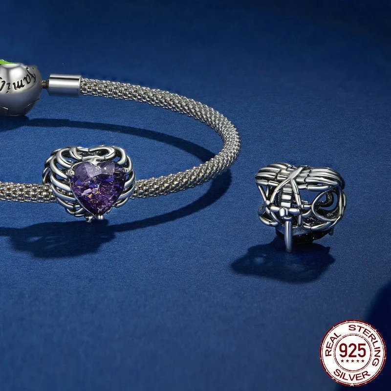 Purple skull heart 925 silver bead with inlay, 12x13mm, on a white background showing 4.5mm aperture
