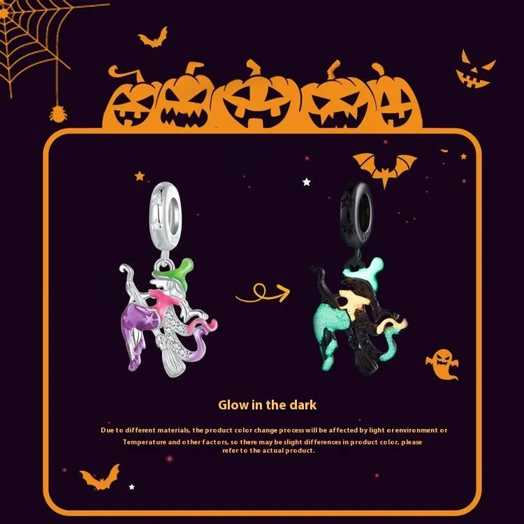 925 silver Halloween broom pendant with fluorescent finish, pumpkin and skull design, 25x13mm with 4.5mm hole
