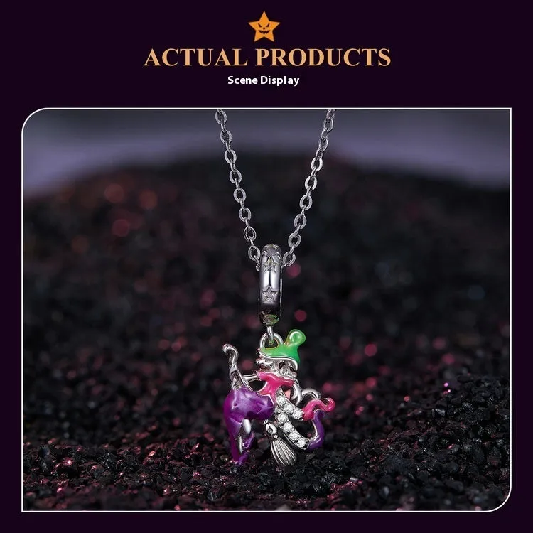 925 silver Halloween broom pendant with fluorescent finish, pumpkin and skull design, 25x13mm with 4.5mm hole
