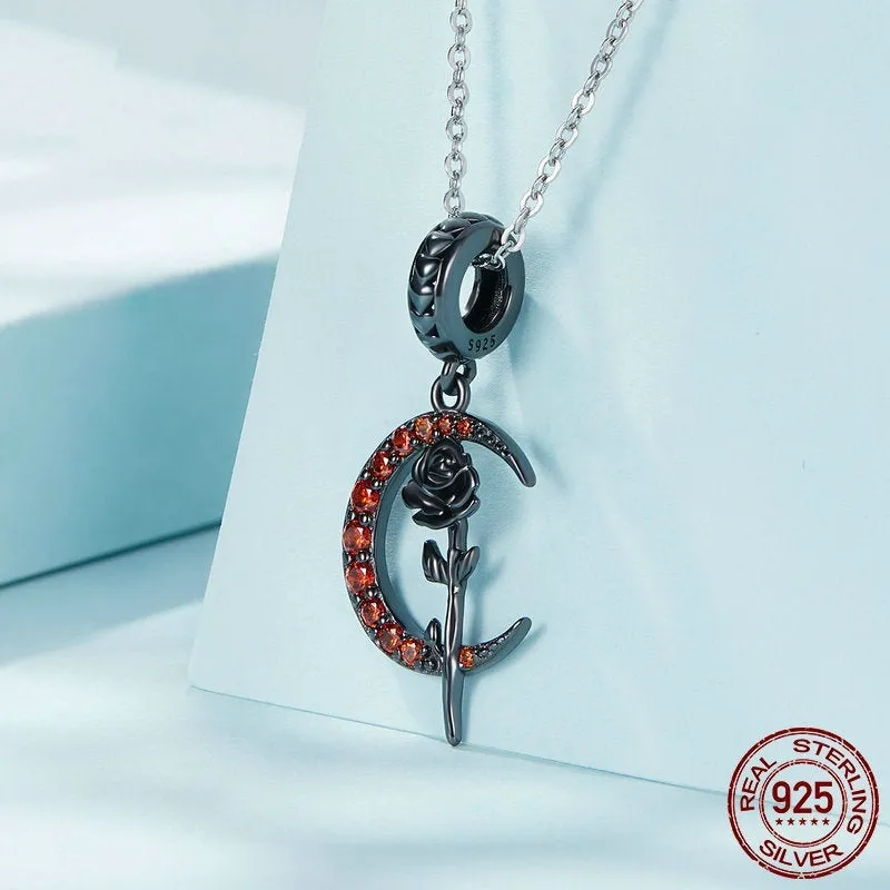 925 sterling silver Moon Rose DIY pendant bead on white background showing 3cm height and rose motif