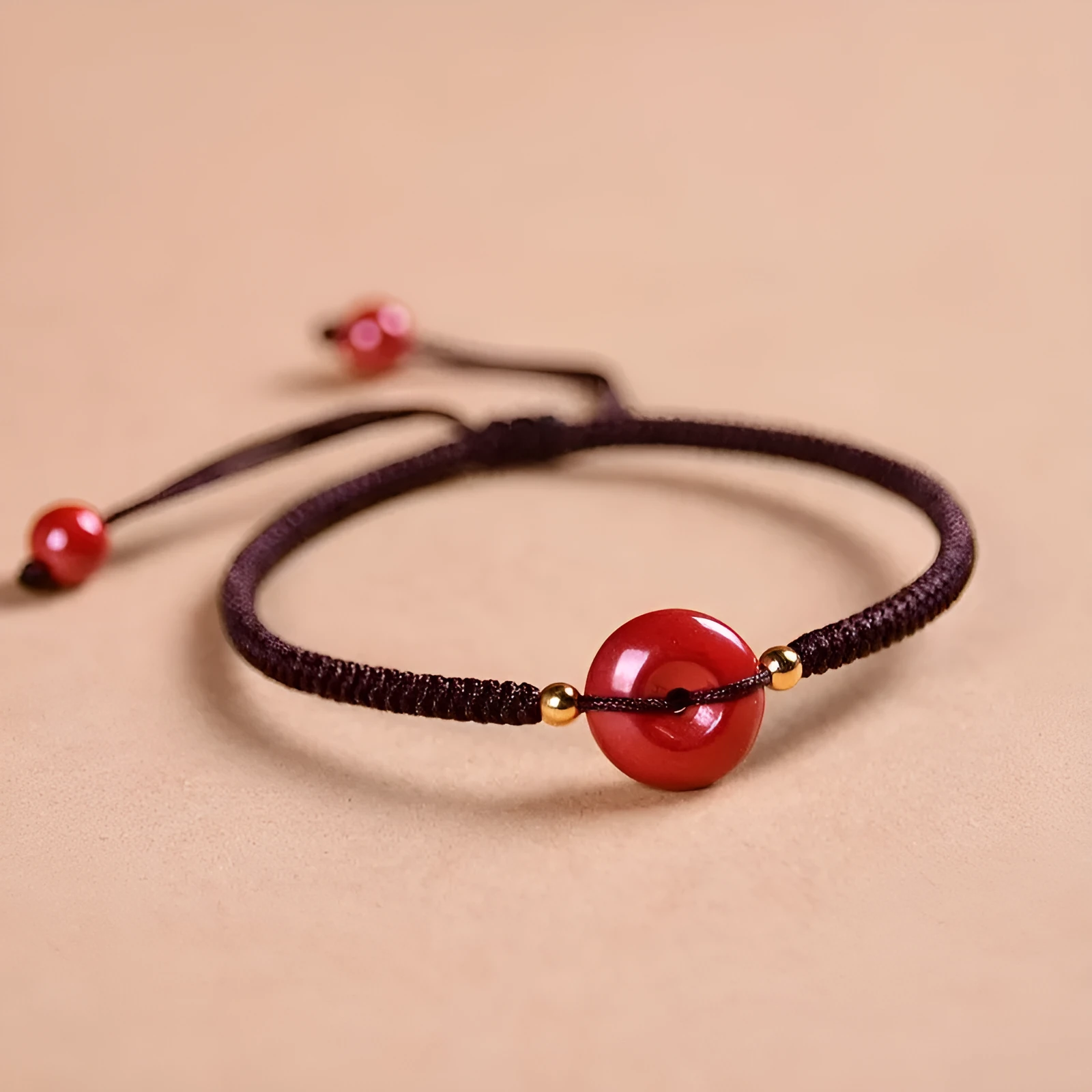 Traditional cinnabar bracelet with a heart-shaped peace buckle clasp on a red rope.
