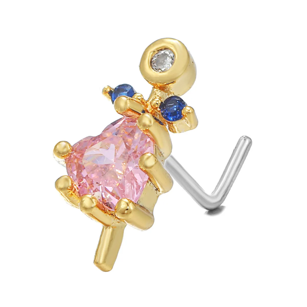 Geometric zircon nose stud with 18K gold plating on brass base, multiple colour options available