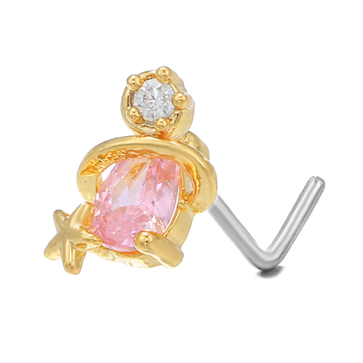 Geometric zircon nose stud with 18K gold plating on brass base, multiple colour options available
