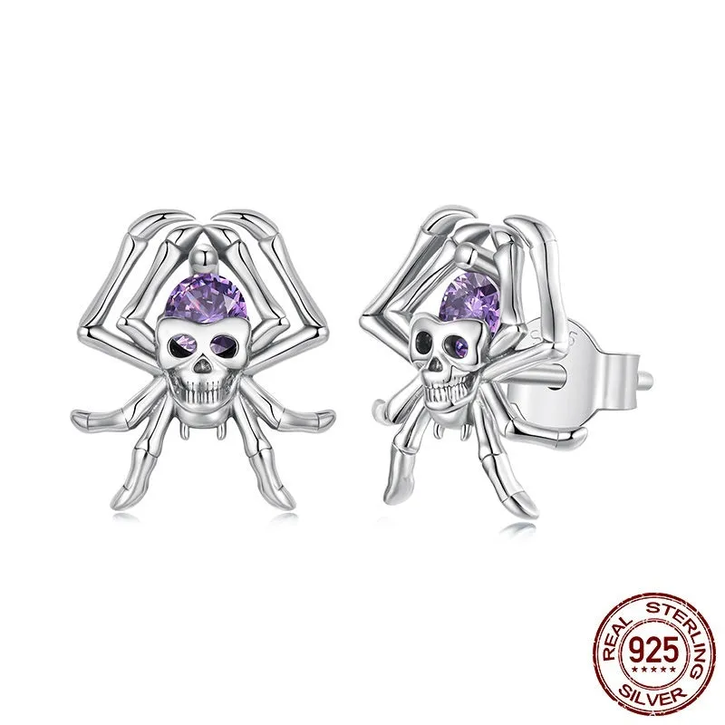 Halloween skull spider stud earrings S925 sterling silver with zircon inlay for women