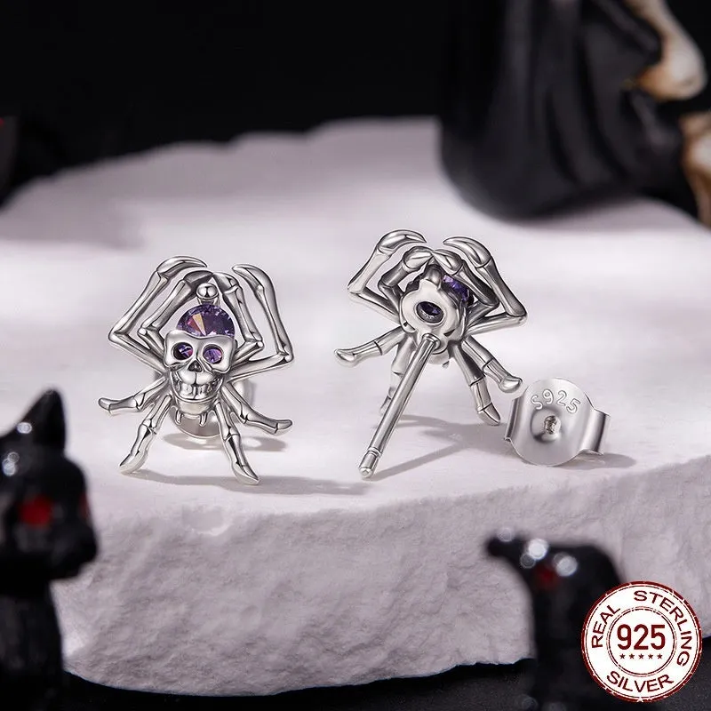 Halloween skull spider stud earrings S925 sterling silver with zircon inlay for women