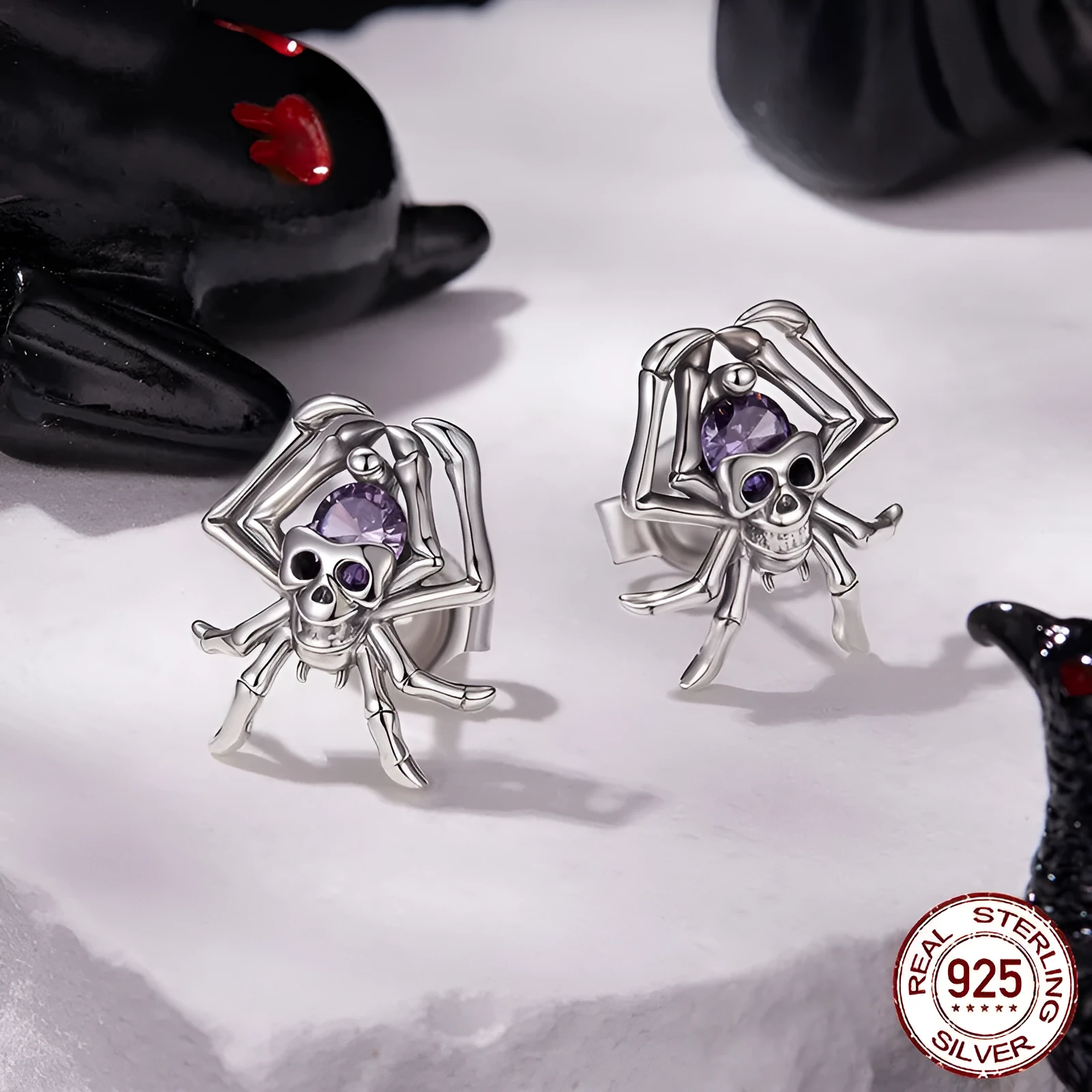 Halloween skull spider stud earrings S925 sterling silver with zircon inlay for women