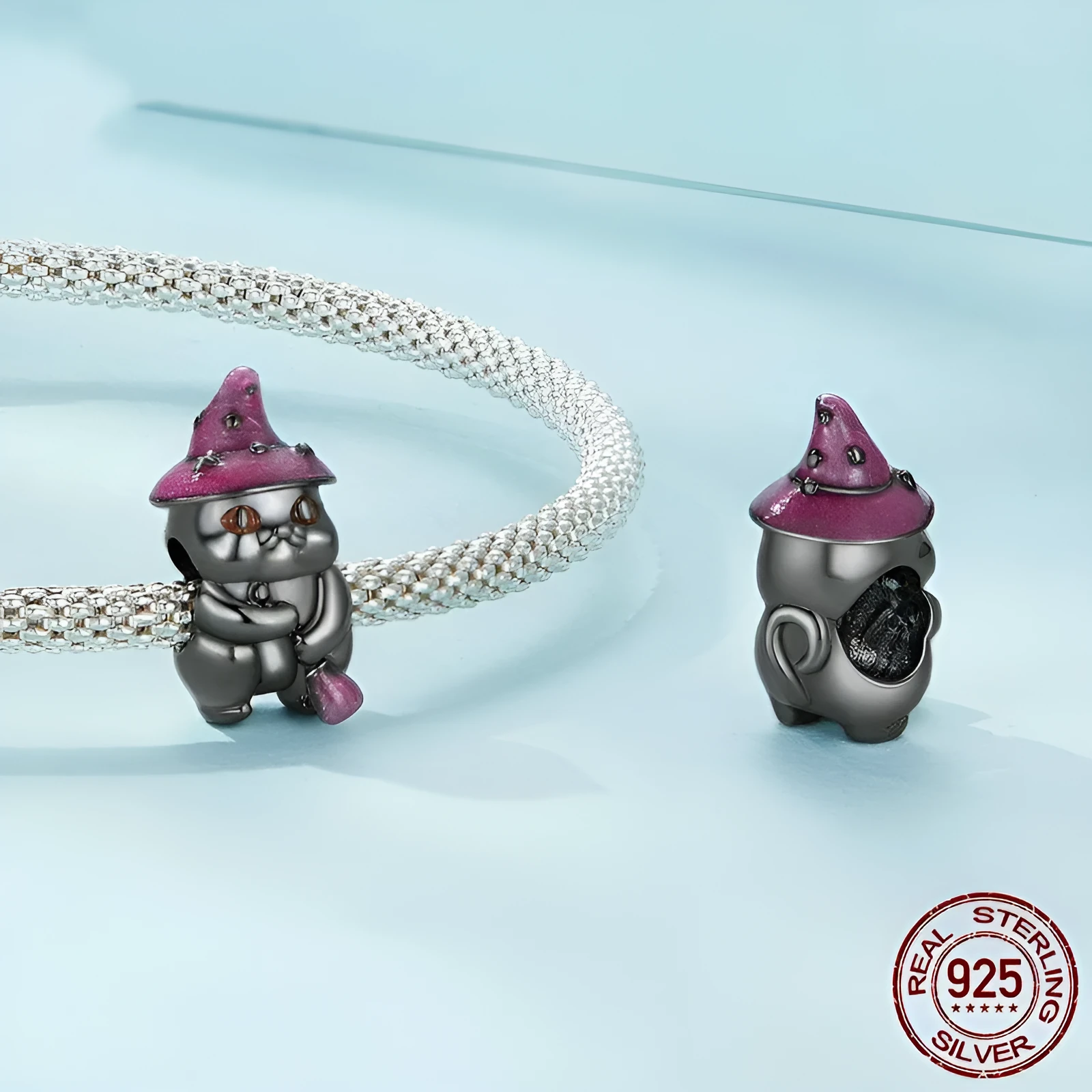 Halloween black cat S925 sterling silver bead 15 x 8mm with electroplating finish on white background