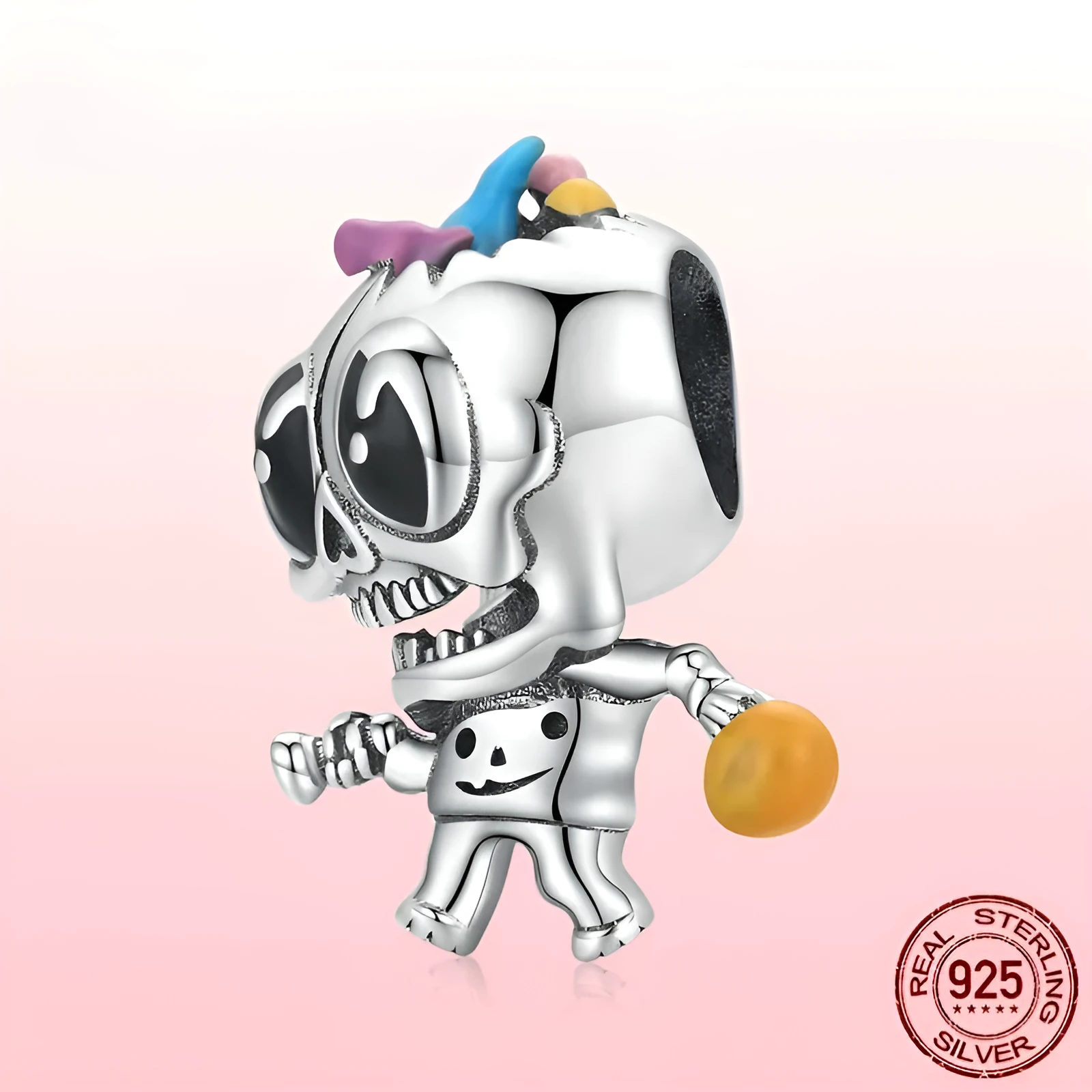 Single 925 silver skull bead with dripping oil finish, 1.4cm height, 1cm width, 0.45cm aperture