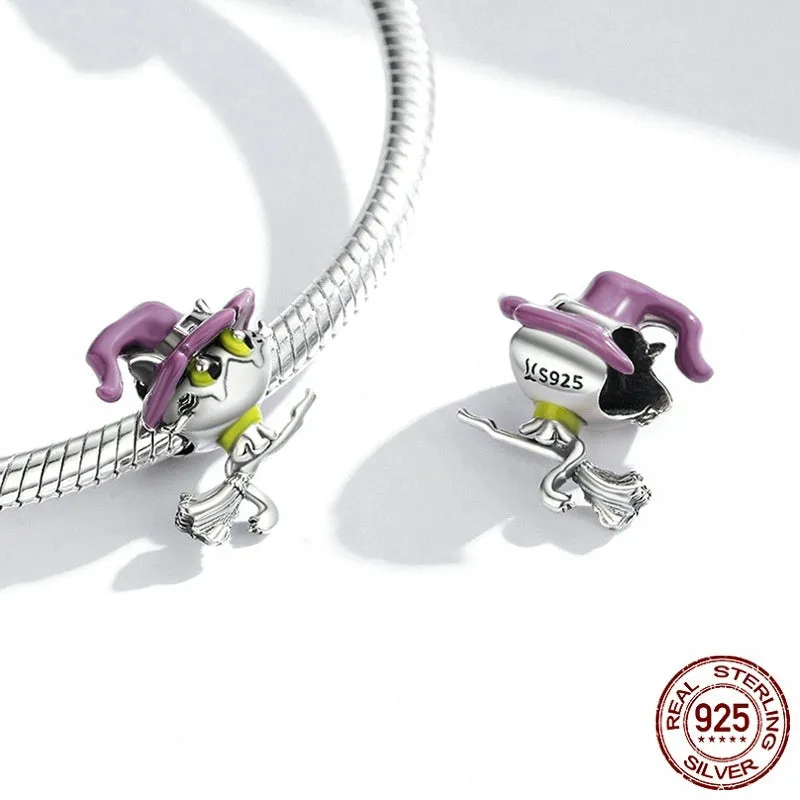 925 silver Halloween cat bead charm 1.4cm by 1.4cm with 0.45cm hole on white background