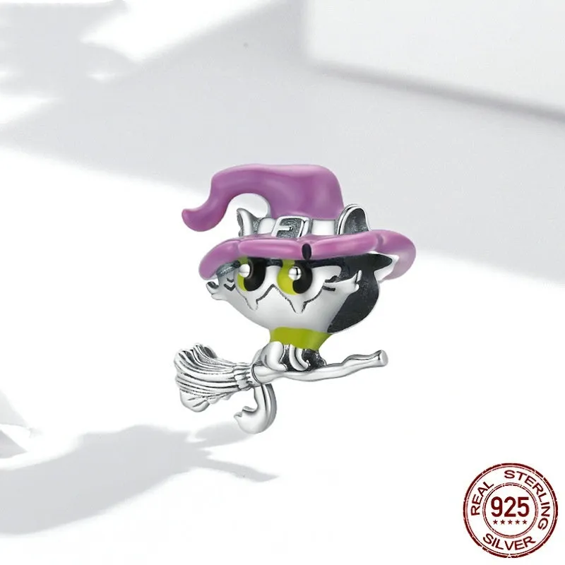 925 silver Halloween cat bead charm 1.4cm by 1.4cm with 0.45cm hole on white background