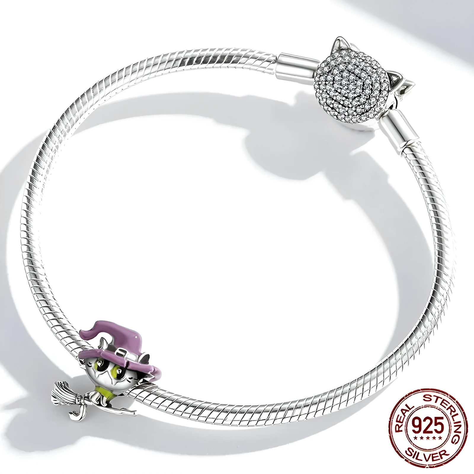 925 silver Halloween cat bead charm 1.4cm by 1.4cm with 0.45cm hole on white background