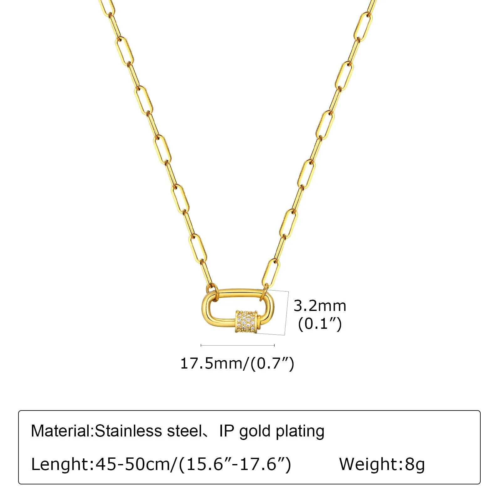 Gold electroplated stainless steel small square chain necklace with oval zircon pendant on a light background