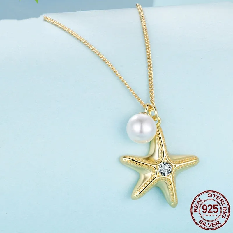 S925 sterling silver gold plated starfish and pearl pendant necklace with adjustable chain 41-50cm