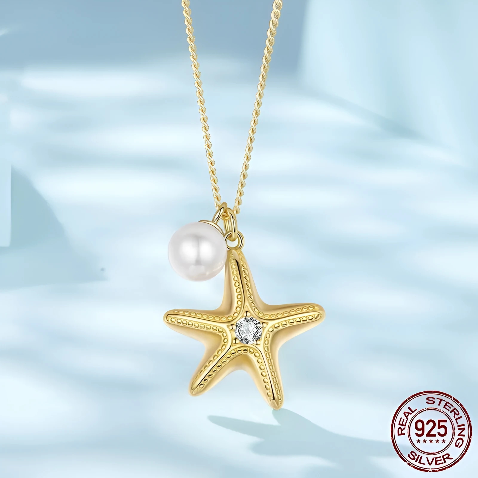 S925 sterling silver gold plated starfish and pearl pendant necklace with adjustable chain 41-50cm