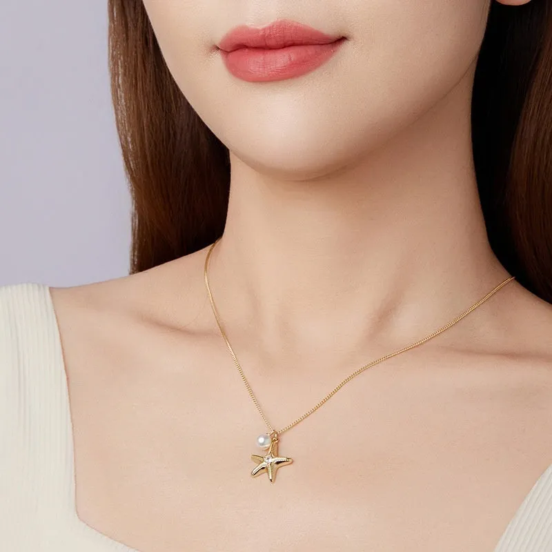 S925 sterling silver gold plated starfish and pearl pendant necklace with adjustable chain 41-50cm