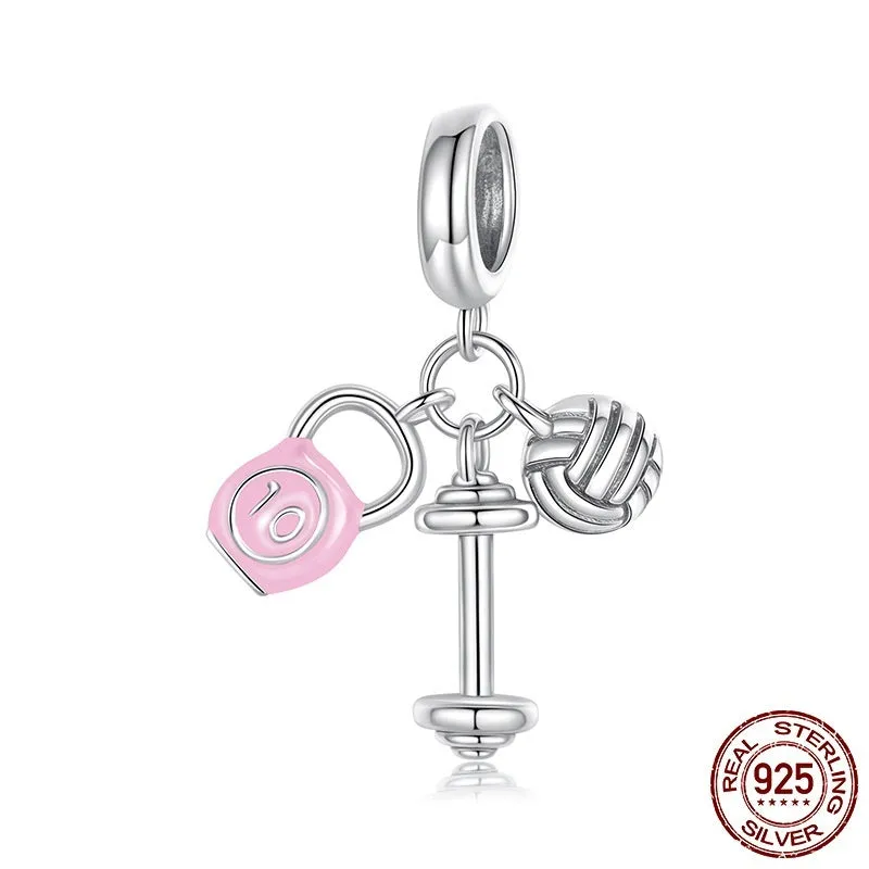 S925 sterling silver kettlebell volleyball dumbbell pendant bead with dripping oil colour finish